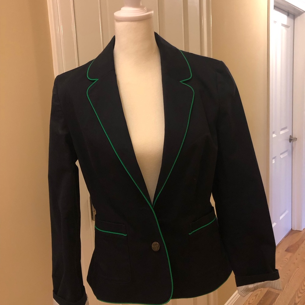 Navy blazer with Kelly green trim